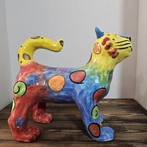 Vintage Ganz Dottie Dracos Large Colorful Ceramic Cat Figurine 9” Whimsical
